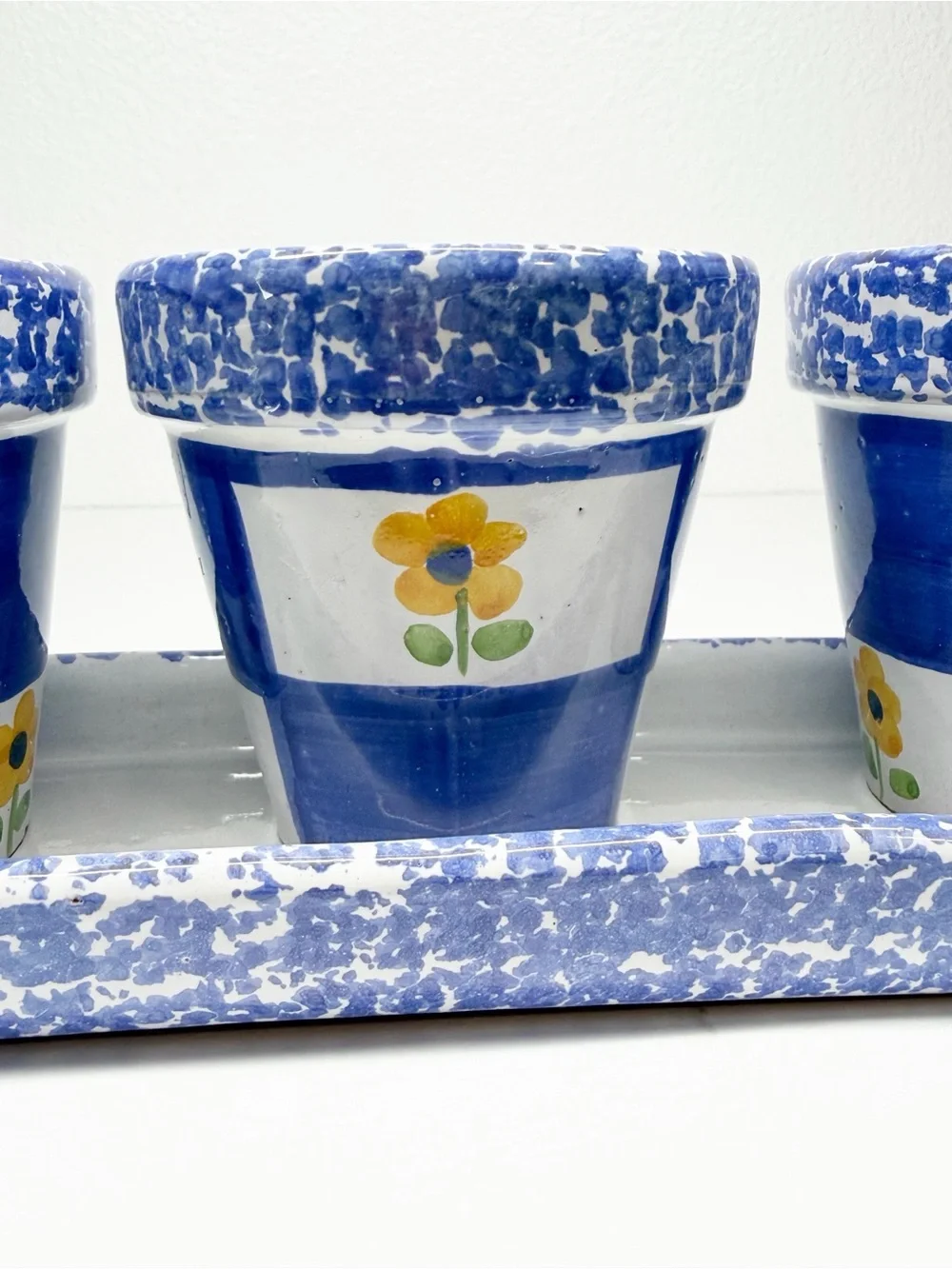 Vintage Himark Portugal Pottery Window Flower Pots Blue Checkered Sponge Painted